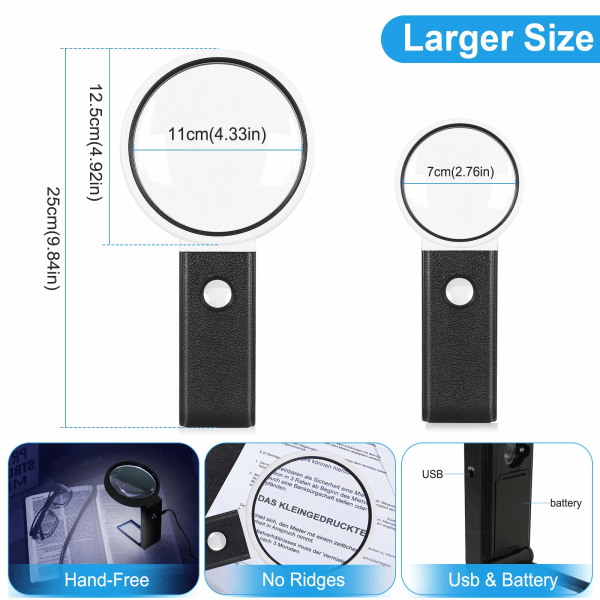 Förstoringsglas med ljus och handsfree-stativ, drivs av batteri och USB