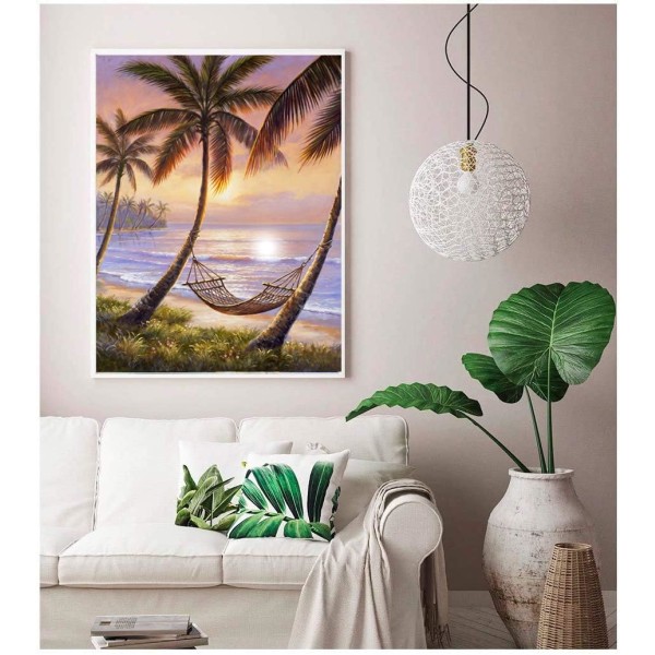 DIY diamantmaleri, dekorasjon med kokosnøtttre ved sjøen 30x40 cm