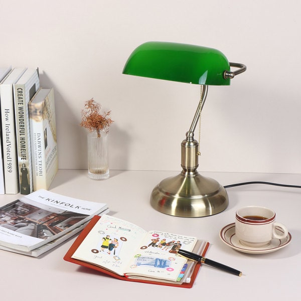 Klassisk Vintage Banker Lampe Bordlampe Grøn Glas Skærm Skrivebord B