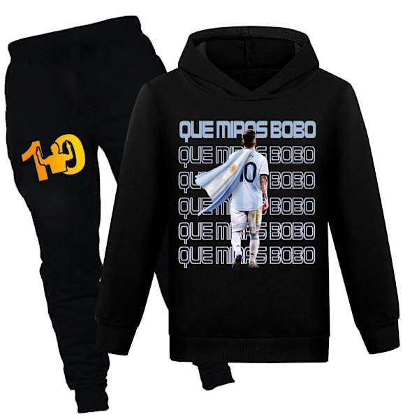 Børn Drenge Pige Messi Fodbold Fodbold Hættetrøjer Træningsdragt Sæt Bukser Pullover Outfits Sort Black 160cm
