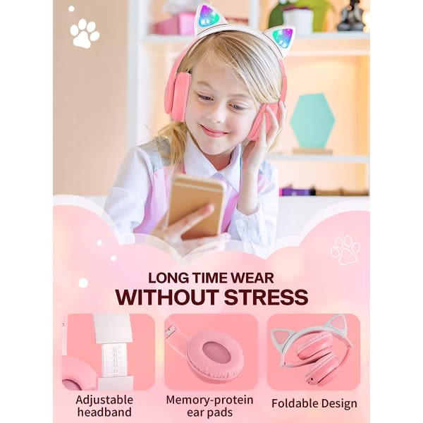 Trådløse hodetelefoner for barn med LED-lys (rosa)