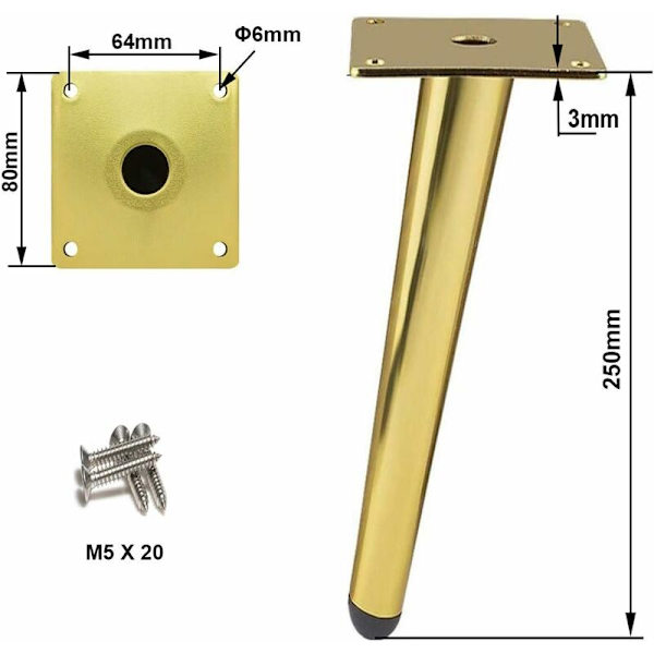 4 kpl Sneda bordsben i metall, koniska möbelben, 201 rostfritt stål, guld, 25 cm höjd, halkfri tyst bas för soffor, bord
