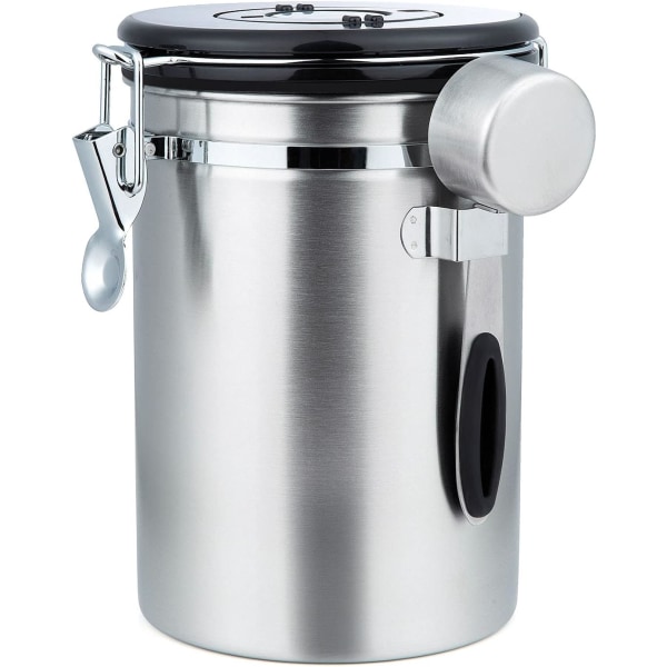 Forseglet kaffekanne - Kaffebønnebeholder med CO2-ventil - med måleske - 1,8 L (sølv)