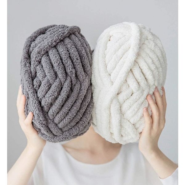 2 stk Chunky Knit Chenille Garn til Håndstrikning af Tæpper, Super Blødt Stort Jumbo Tæppe Garn (Mørkegrå)