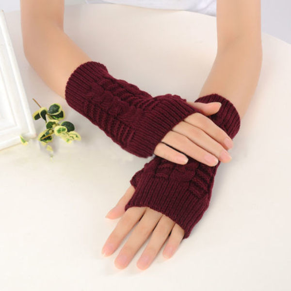 Neutrala halvfingerhandskar vinter stickade fingerlösa handskar Red wine