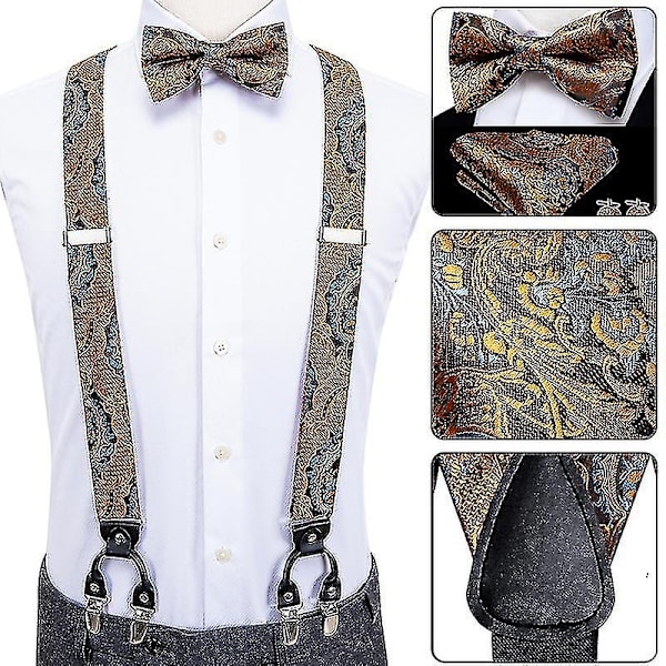 Luksusselliset silkkisidonnaiset miesten henkselit nahka metalli 6 klipsiä henkselit miesten hääjuhlaa varten solmio ja vintage elastiset henkselit miehille WHBYV-WELLNGS BD-30405