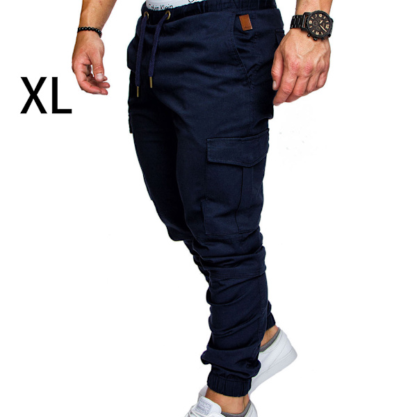 Herr Pocket Byxor Casual Elastisk String Mode långbyxor Z X Navy Blue-FA- Navy Blue XL