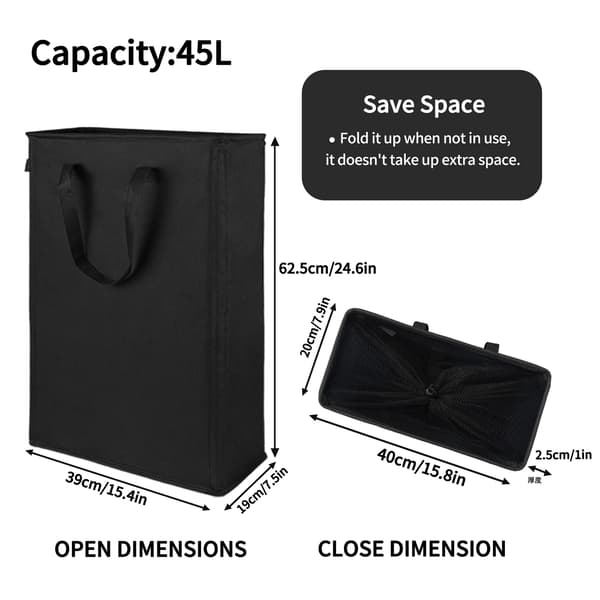 2-pack Slim Laundry Basket, Foldable Laundry Hamper, Thin Dirty Clothes Storage, Slim Foldable Laundry Bag, Space-Saving Basket-FA- Black