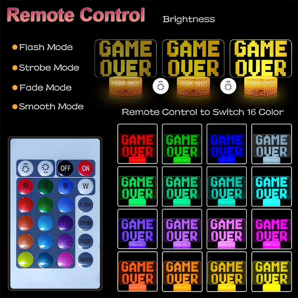 Gaminglampa Game Over Nattlampa 3D Illusion Lampor, Dimbar