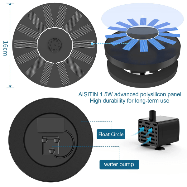 Solcellsfontän, solcellsdriven vattenfontän med 6 munstycken, flytande solcellsfontän för fågelbad, trädgård, damm, pool och akvarium