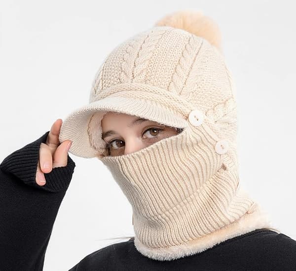 Dam En-Del Slouchy Fleece Mössa Halsduk Mask Varm Vinter Stickad Hatt Tjock Skull Skidmössa-FA-