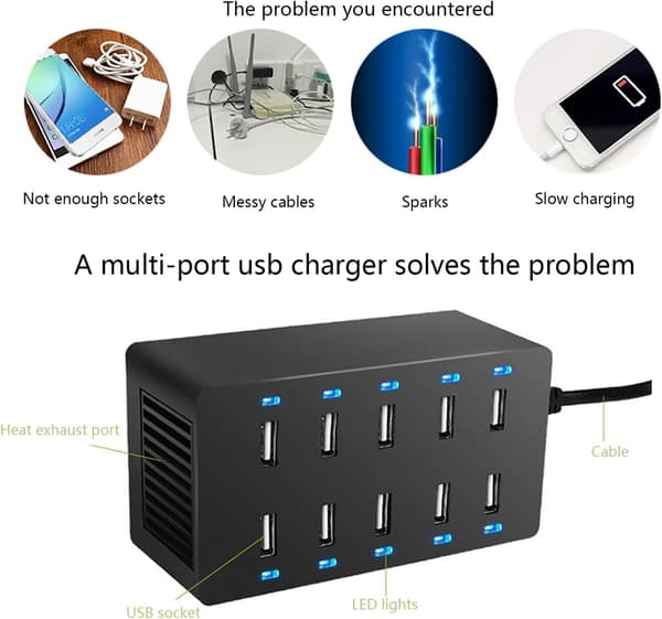 USB-ladestation, 50W 10-ports USB-oplader, Multi-Port DXGHC-FA-