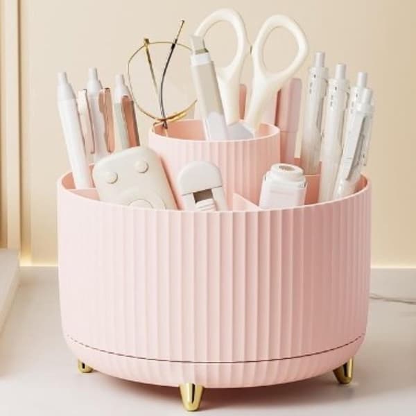 5-Compartment Desktop Organizer - 360 Degree Rotating Pen Holder - (Pink)-FA-