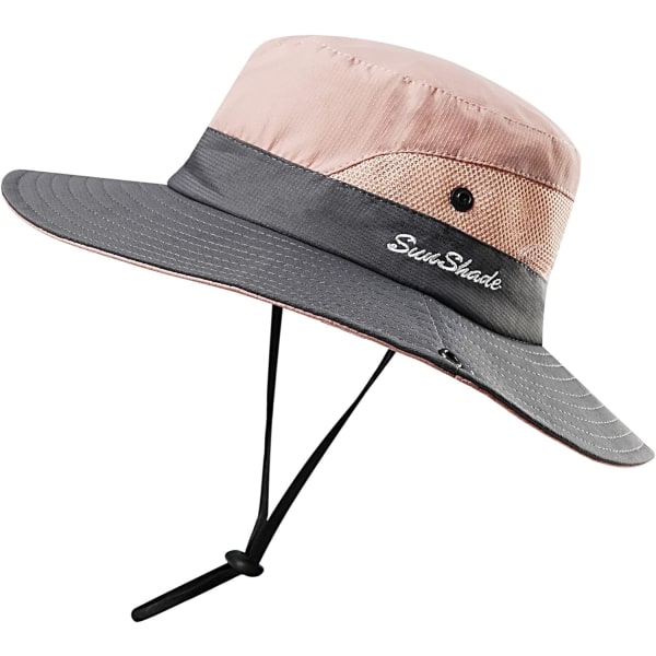 Utomhus UV-beskyttelse Foldbare solhatte Mesh Bredskygget strandfiskehat med hestehalehul (rosa)