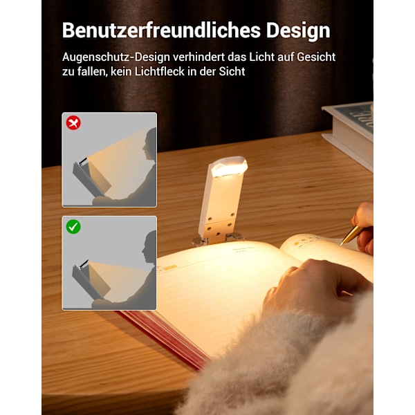Boklampe med klemme, USB-ladbare klemlampe for lesing i sengen, 3 justerbare lysstyrkenivåer, varmt hvitt leselys white