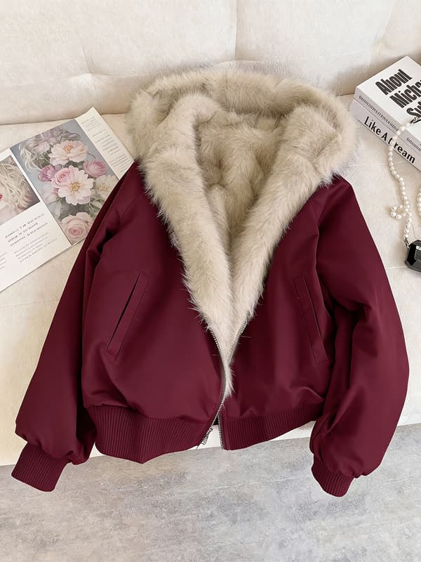 Damjacka för höst och vinter, chic färgblockerad vävd ytterkläder L Deep Red