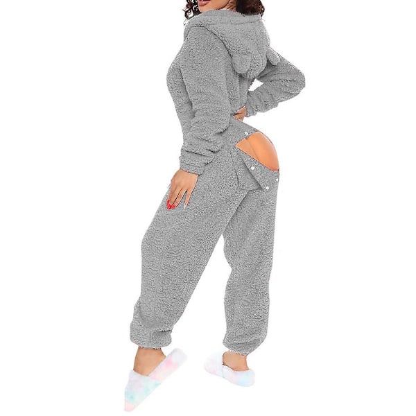 Kvinnors Sexig Djup V-ringad Bodycon Jumpsuit Pyjamas Långärmad Romper Nattkläder Grå Grey L