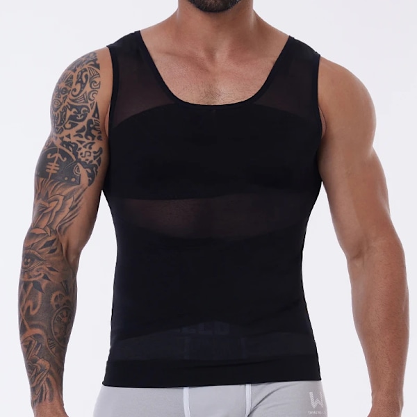 Kompressionsskjorte til mænd slankende undertrøje kropsformer tanktop Gynomastica ærmeløs shapewear vest mesh korset Black-FA3- Black XL