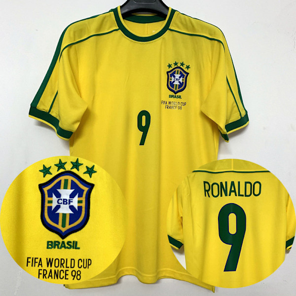 VM 1998 Brasil Hjemme Kortærmet Retro Trøje 1998 Nr 9 Ronaldo Jr. Rivaldo S S