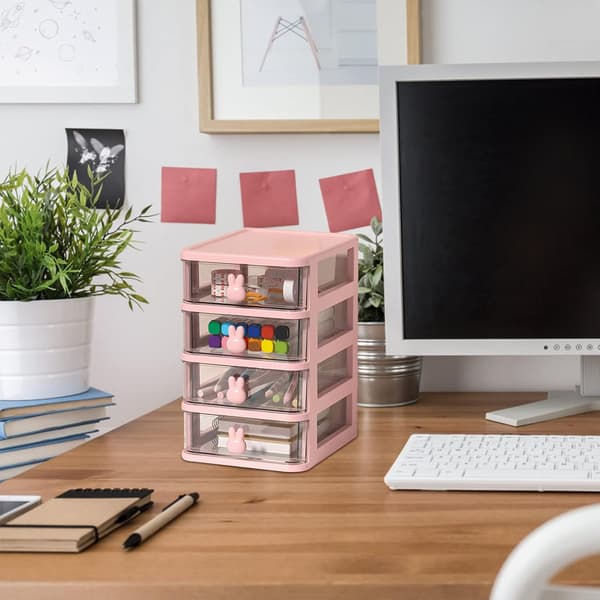 Plastic Storage Box, 21X17cm 4 Layers Multifunctional Desktop Storage Cabinet Storage Container with Drawers Mini Drawer Organizer for Home, Office-FA- Pink