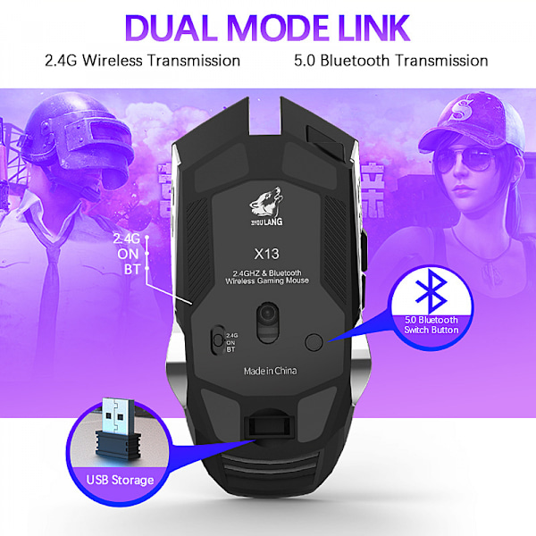Bluetooth trådlös Dual Mode Laddning Gaming Mus Tyst vattenkylning Upplyst mekanisk mus, USB trådlös mus med 6 knappar 6 utbytbara
