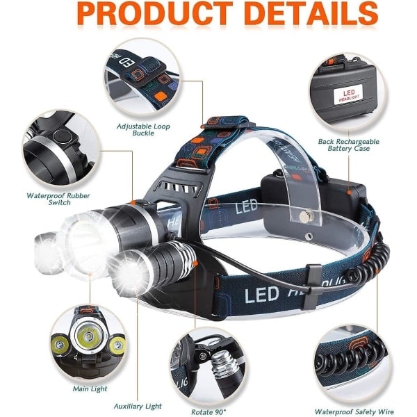 Lades opp LED hodelykt, 5000 lumen hodelykt, superlett T6 LED hodelykt, vanntett hodelykt med 2 batterier.
