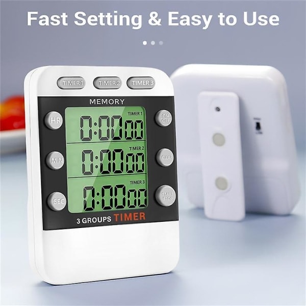 Digital dubbel kökstimer, 3-kanals upp/nedräkningstimer, trippelmatlagningstimer, display, högljudande alarm