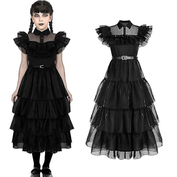 Barn Flickor Onsdag Addams Familjen Kostym Halloween Klänning Födelsedagsfest Klänning Bälte Väska Handskar Peruk Dress Belt Bag Gloves Wig 140cm