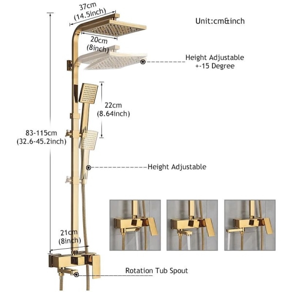 Guld duschpelare duschset med termostatblandare, 8\" dusch