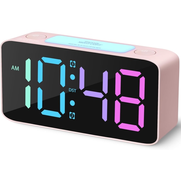 Superhög väckarklocka för tunga sovande vuxna, digital klocka med 7-färgs nattljus, justerbar volym, dimmer, USB laddare, små klockor för sovrum