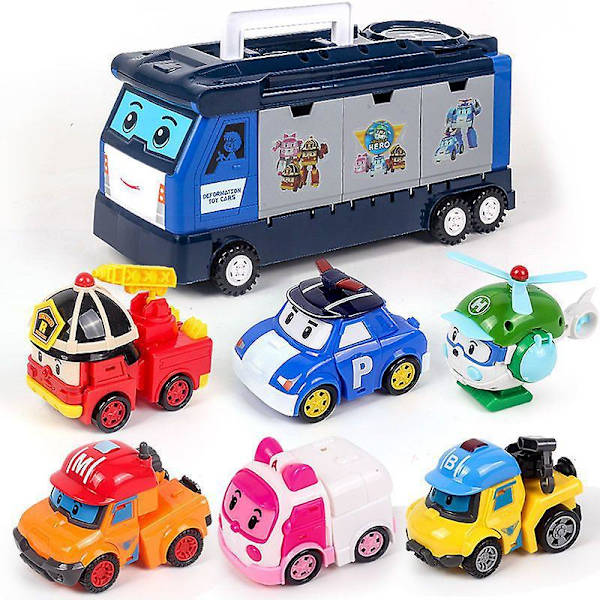6 kpl/setti 2023 Korea Speelgoed Polis Robocars Transformatie Robot Poli Roy Amber Anime Metall Actionfigur Tecknad Leksaksbil B Truck and 6Cars