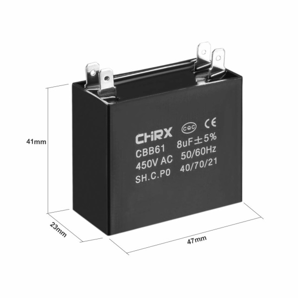 Takfläktkondensator CBB61 8uF 450V AC dubbelmetalliserad insats polypropenfilmkondensatorer 47x23x41mm för generatormotor vattenpump