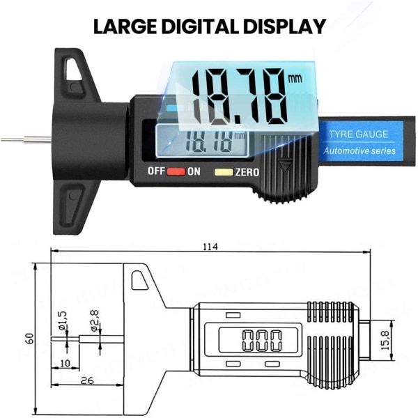 Digitalt dekkdybdemåler - Dekkslitasjemåler - LCD metrisk