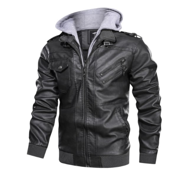 Herrer Retro Motorsykkel PU Lærjakke, Høst og Vinter Avtakbar Hetteskjorte Grå Grey XL