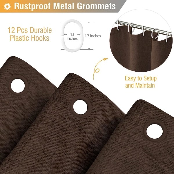 IC Brun Duschdraperi - Linne Texturerat Vattentätt Duschdraperi Set med 12 Plastkrokar, Tyg Duschdraperier - B1.5m*H1.8m