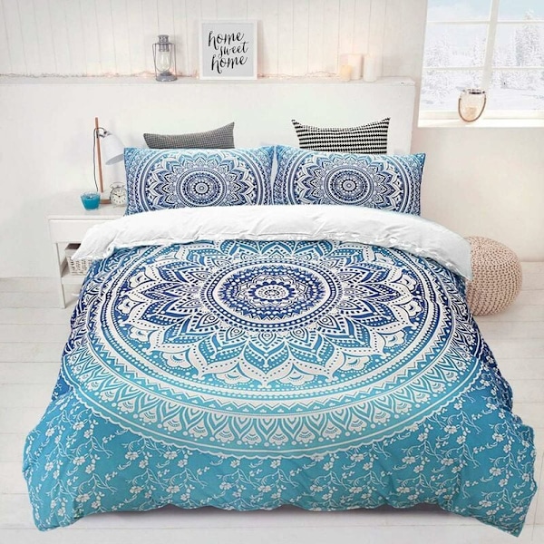 SÄNGKLÄDER Bohemian Sängkläder Set Blå Mandala Påslakan Set 3 delar Sängkläder Set Påslakan för Flickor med Påslakan med 2 örngott Set 200x200c