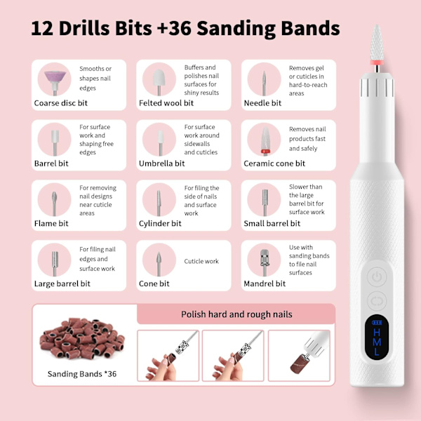 Elektrisk nagelfil sladdlös akryl nagelkit med keramiska nagelbitar, slipband, bärbar uppladdningsbar efil set för akryl gel naglar, manikyr