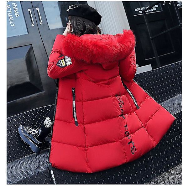 Dame Pufferjakke Vinter Langjakke Regular Fit Varm Basic Casual Jakke Rød L Red