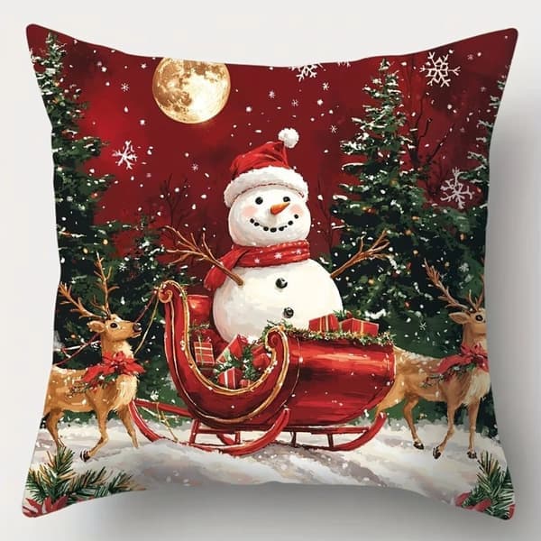 4-pack Jul Kuddfodral – Tomte & Snögubbe, Vintage Geometriskt Mönster, Polyester med Dragkedja-FA-