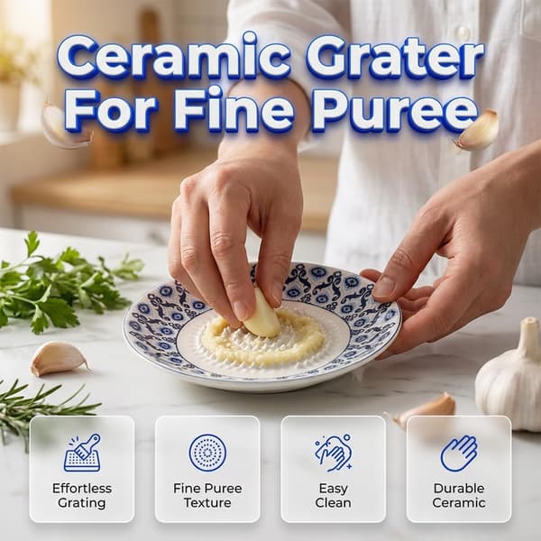 Ceramic Garlic Grater Bowl, Handmade Ceramic Garlic Grater Plate for Ginger, Cheese, Wasabi, Onion, Yam, Herb Stripper, Kitchen Gadget-FA-