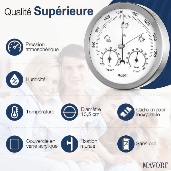 Analogt indendørs/udendørs vejrstation, rustfrit stål - Inkluderer barometer, hygrometer og termometer  (FMY)