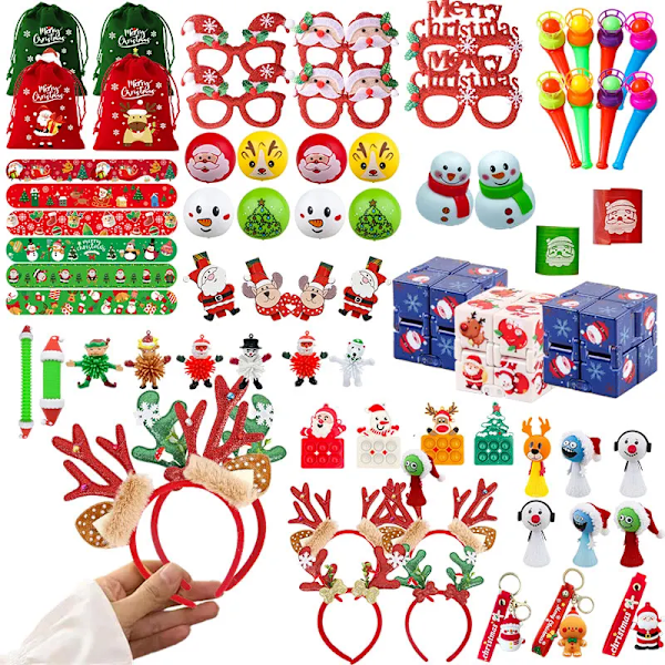 Små julklappar Regnbågsfjäderring Fingertopp Magic Cube Leksaker Julgran Pull Tube Nyckelring Barnfestpresenter Random  6PCS