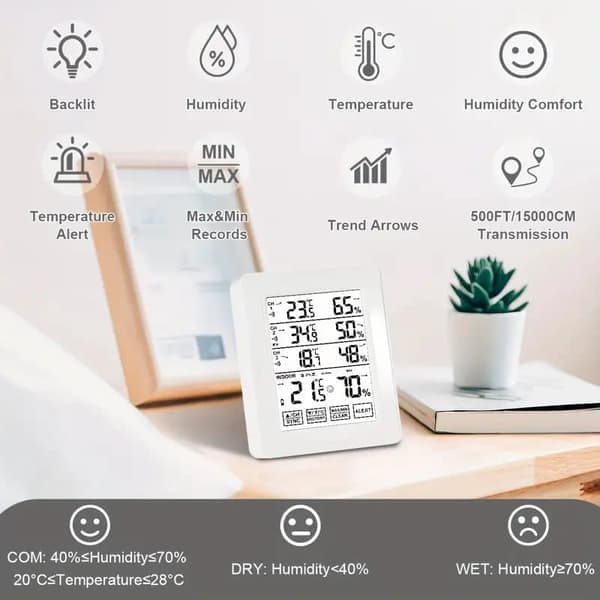 3-i-1 Trådlös digital termometer och hygrometer – Stor display, inomhus/utomhustemperatur & larm-FA-