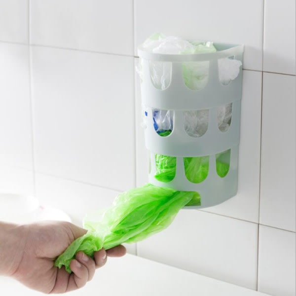 Hengende oppbevaringspose plastposeholder veggmontert matpose dispenser grønn