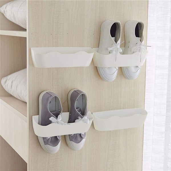 Wall Mounted Shoes Rack 4pcs with Sticky Hanging Strips, Plastic Shoes Holder Storage Organizer,Door Shoe Hangers (White- SM02(4PCS))