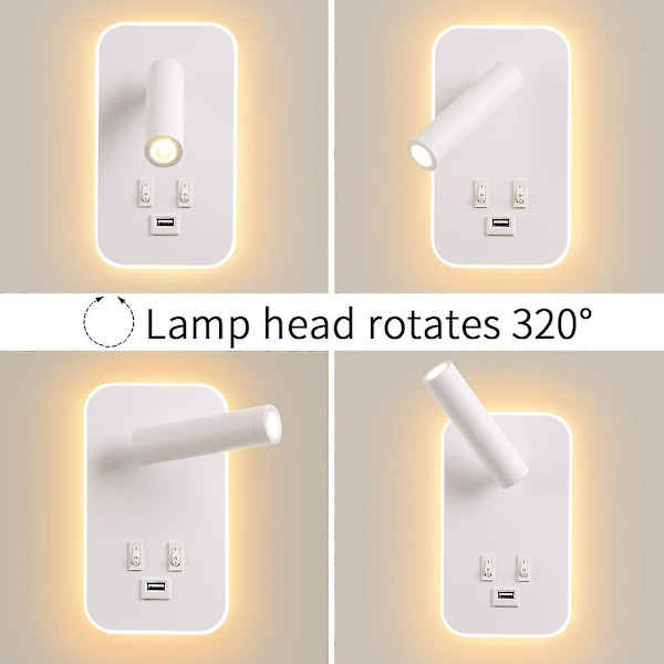 LED-vegglampe, leselampe ved sengen med bryter, USB-ladeport, dimbar stemningsbelysning for soverom (3w naturlig lys + 10w varmt lys) Hvit