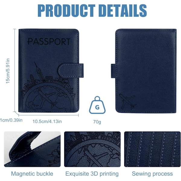 Passdeksel i PU-lær, Passveske med RFID-blokkering, Reiseveske-arrangør for Menn & Kvinner (1 stk) Blue
