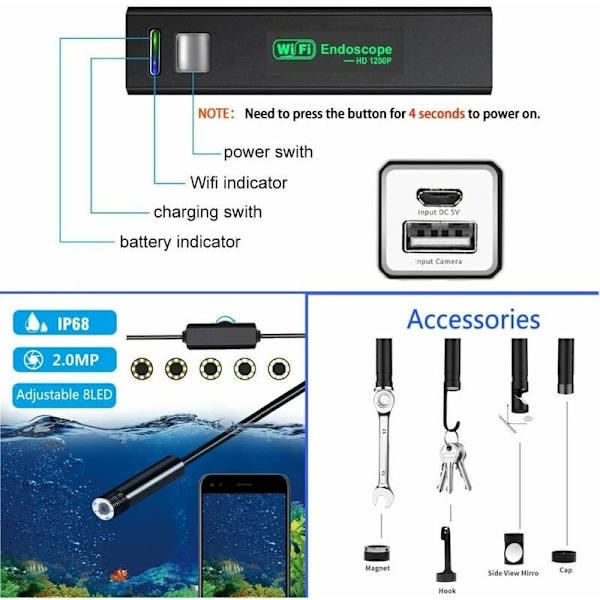 (5M) WiFi-endoskooppikamera Endoskooppikamera 1200P HD-putkitarkastuskamera LED-valoilla iPhone/Android-puhelimelle/Windows/Mac/Tabletille/PC