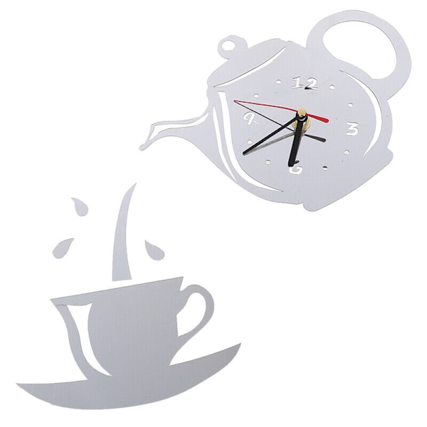 DIY Akryl Kaffe Kopp Tekanna 3D Väggklocka Dekorativt Kök Silver