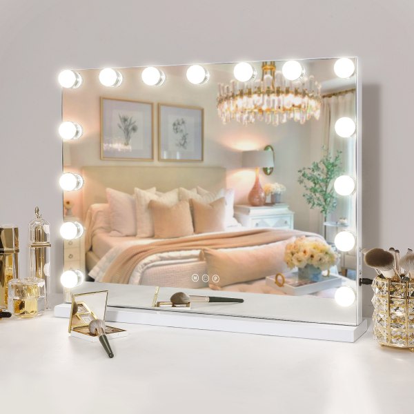 FENCHILIN Hollywood sminkspegel med lampor USB bordsskiva väggmonterad spegel Vit 58 x 46 cm Vit 58 x 46cm